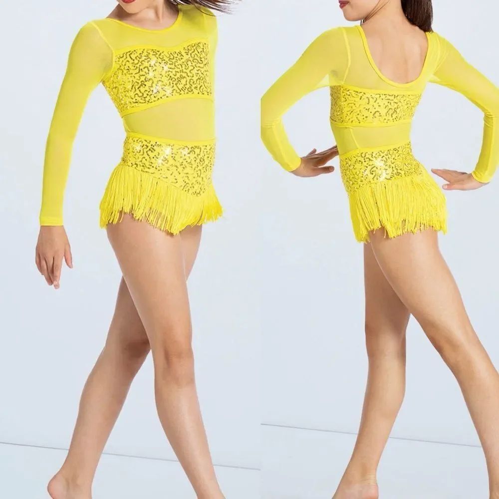 WEISSMAN Elite Dance Costume yellow fringe Tell Me You Love Me SQ13193 MC child